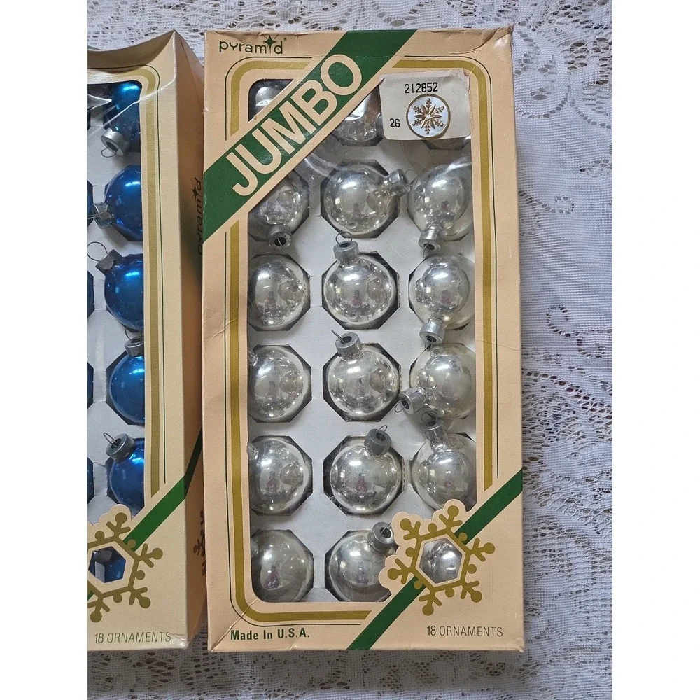 2 Pkgs Pyramid Glass Christmas Ornaments Blue & Silver 18 of Each Vintage Decor